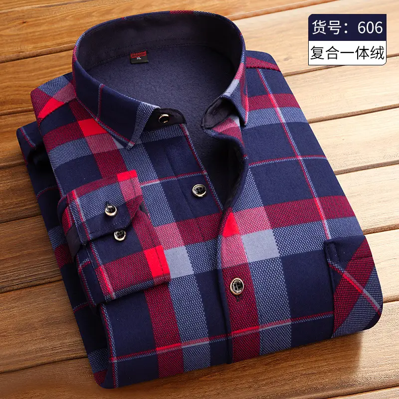 Men Fleece Lined Checkered Shirt Blue White Winter Warm