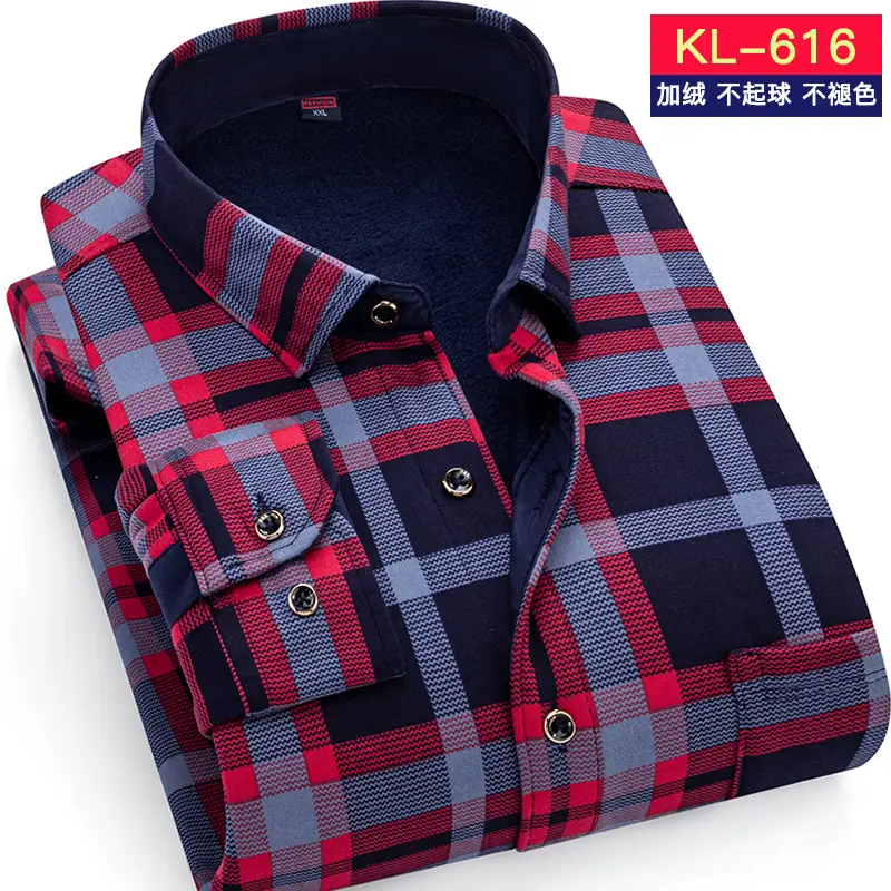 Men Fleece Lined Checkered Shirt Blue White Winter Warm