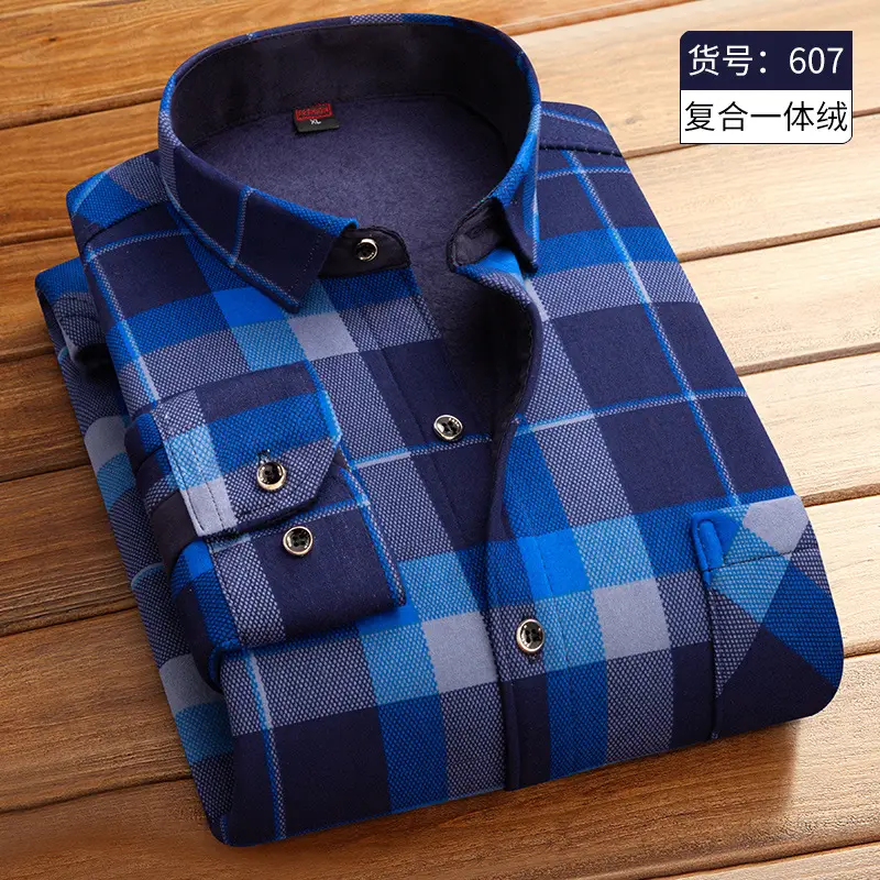 Men Fleece Lined Checkered Shirt Blue White Winter Warm