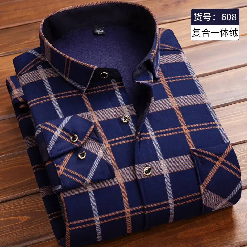 Men Fleece Lined Checkered Shirt Blue White Winter Warm