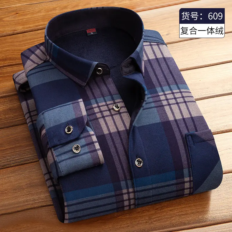 Men Fleece Lined Checkered Shirt Blue White Winter Warm
