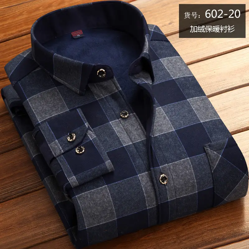 Men Fleece Lined Checkered Shirt Blue White Winter Warm
