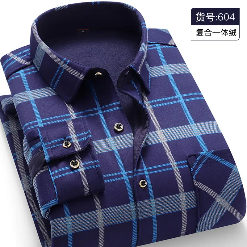 Men Fleece Lined Checkered Shirt Blue White Winter Warm