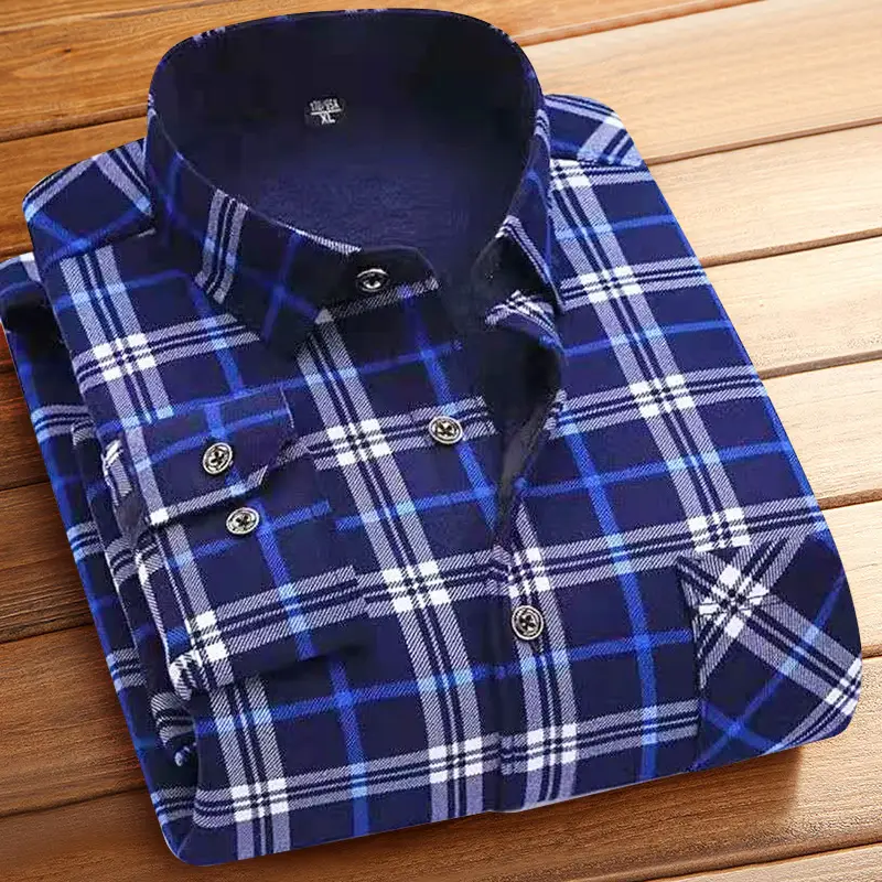 Men Fleece Lined Checkered Shirt Blue White Winter Warm