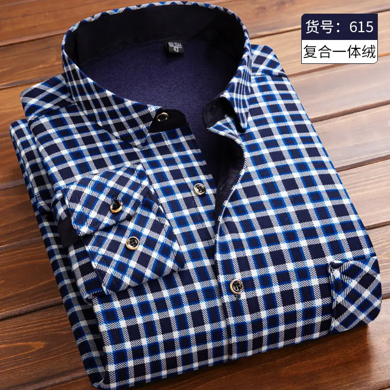 Men Fleece Lined Checkered Shirt Blue White Winter Warm