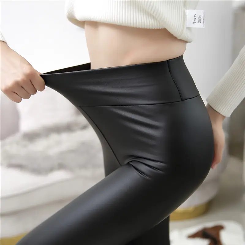 High Waist PU Leather Matte Pants Women Autumn Winter Fleece Lined Cropped - Image 12