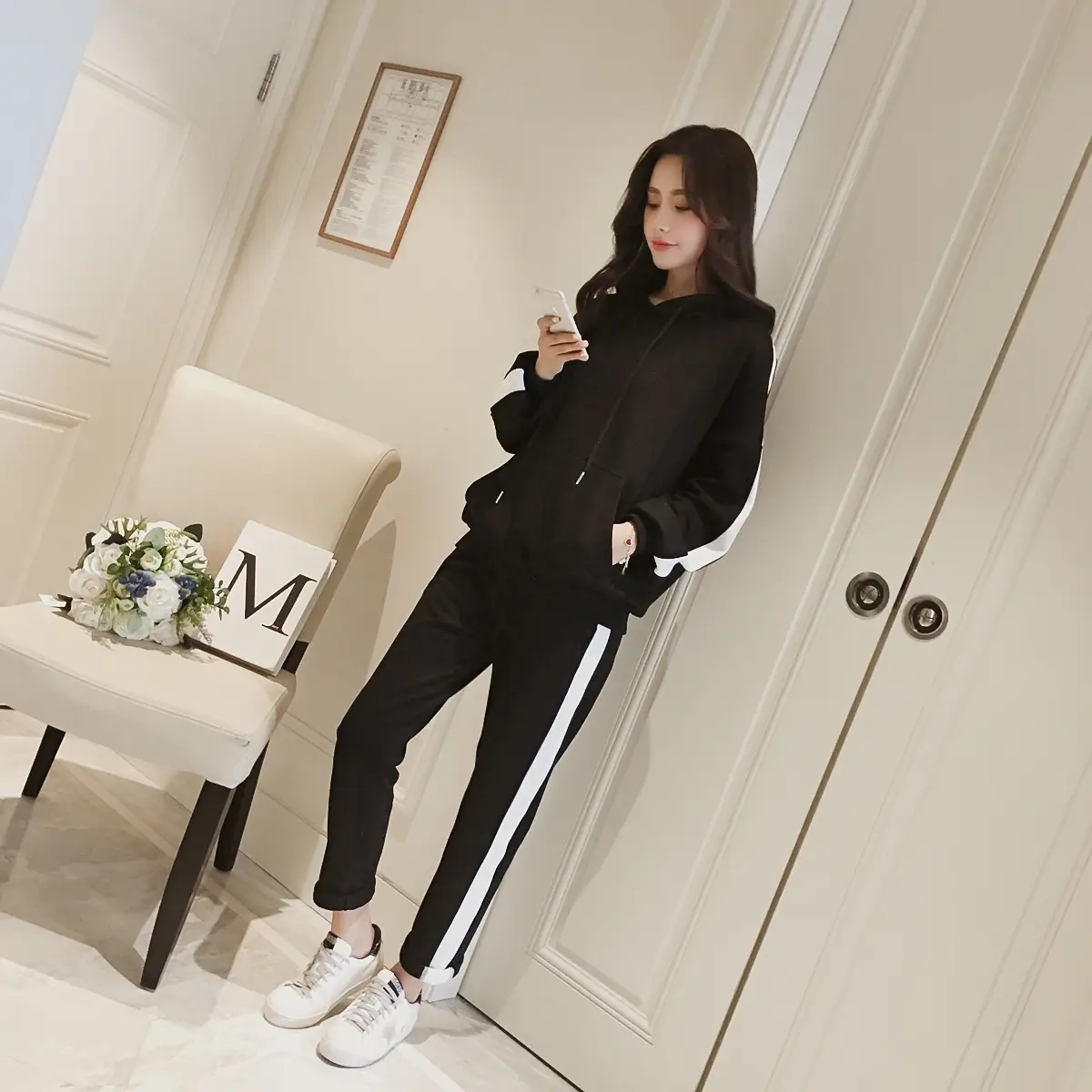 Women's Black White Track Suit New Korean Style Harem Pants - Image 2