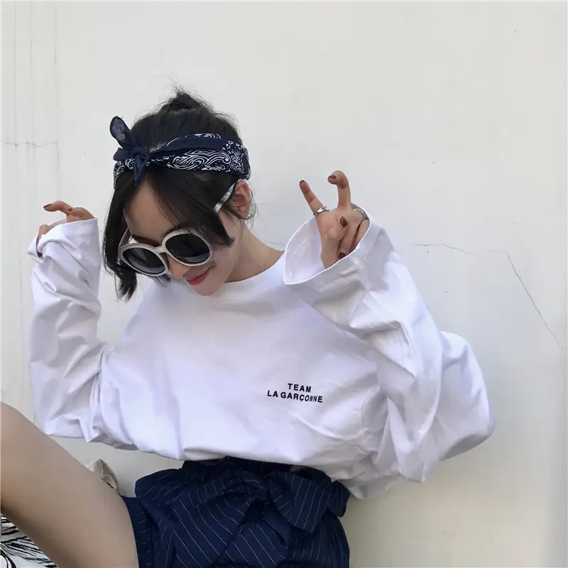 Women Long Sleeve Printed T-Shirt White Loose Fit - Image 2