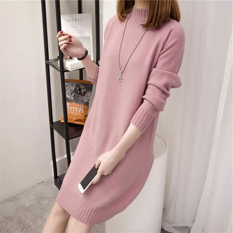 Women's Pink Knitted Turtleneck Pullover Dress - Image 3