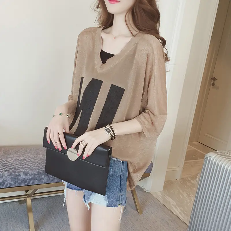 Plus Size Korean Style T-Shirt Set Brown Loose V-Neck - Image 4