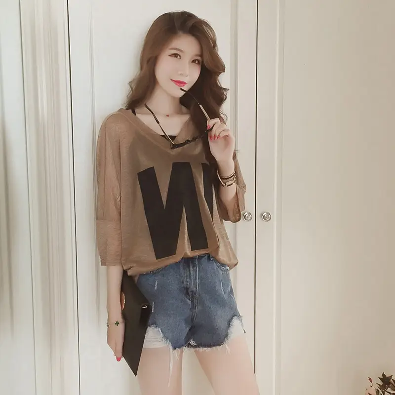 Plus Size Korean Style T-Shirt Set Brown Loose V-Neck - Image 5