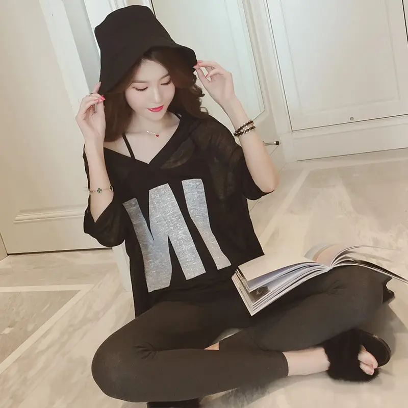 Plus Size Korean Style T-Shirt Set Brown Loose V-Neck - Image 6