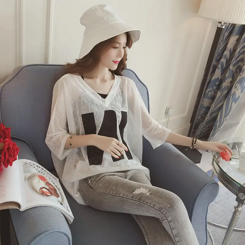 Plus Size Korean Style T-Shirt Set Brown Loose V-Neck - Image 7