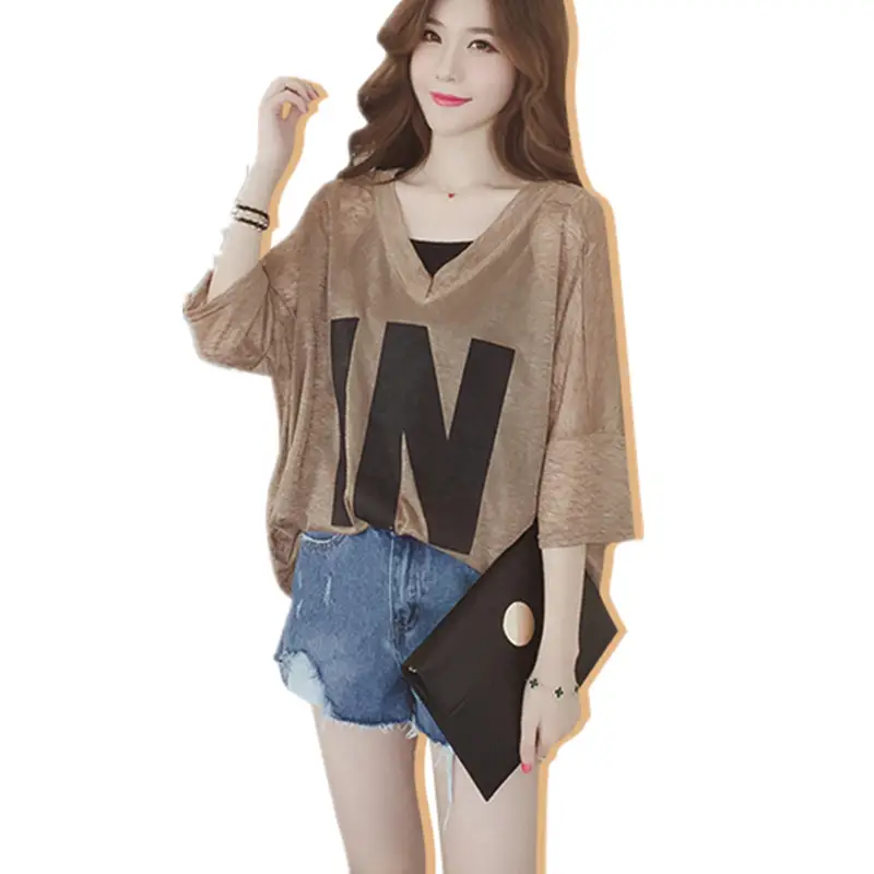 Plus Size Korean Style T-Shirt Set Brown Loose V-Neck - Image 8