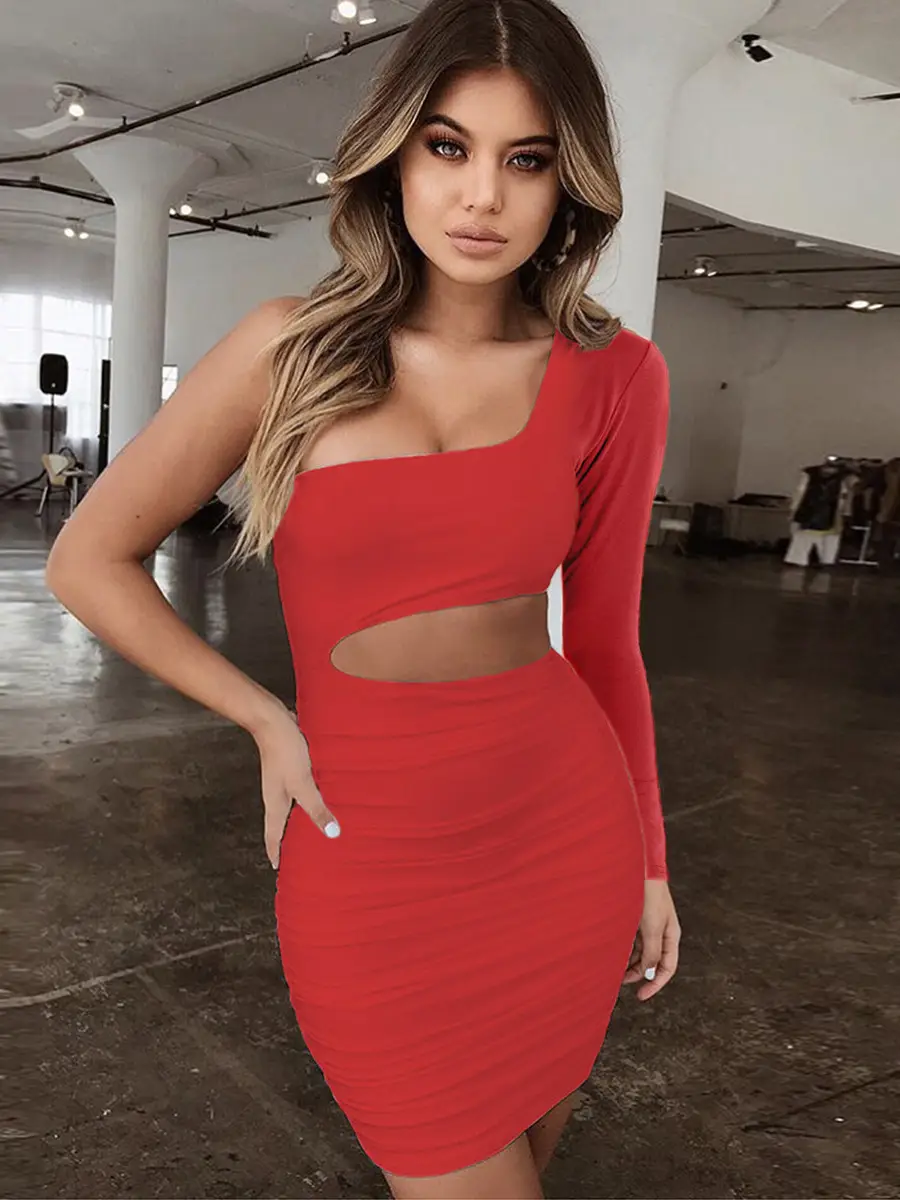 2024 Women's One Shoulder Long Sleeve Hip Covering Orange Dress - Image 10