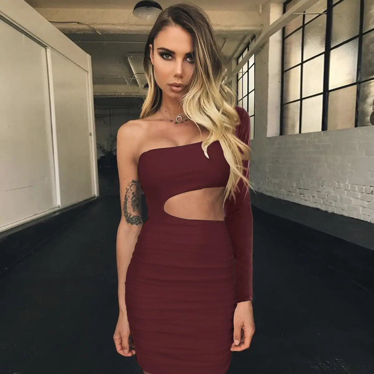 2024 Women's One Shoulder Long Sleeve Hip Covering Orange Dress - Image 3