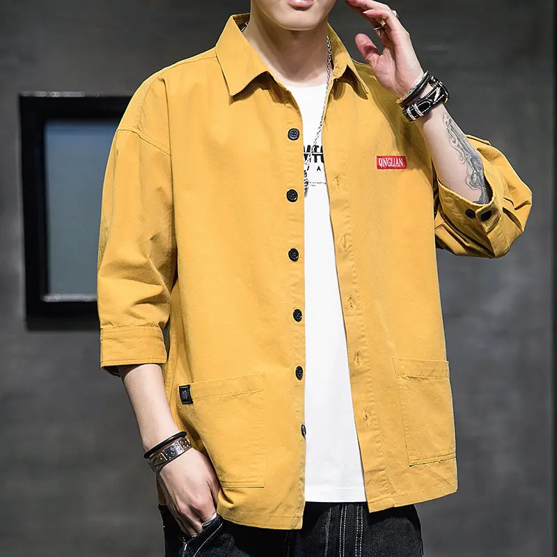 Men Korean Style Short Sleeve Yellow Shirt 2020 - Image 6