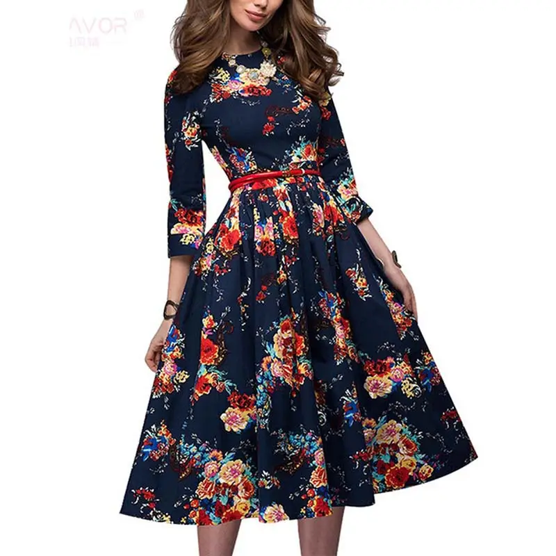 New Foreign Trade Autumn Vintage Printed Long Sleeve Puffy Dress - Image 2