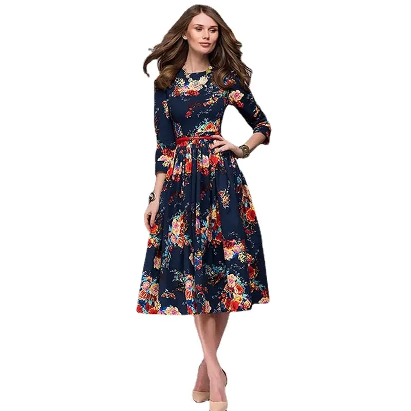 New Foreign Trade Autumn Vintage Printed Long Sleeve Puffy Dress - Image 3