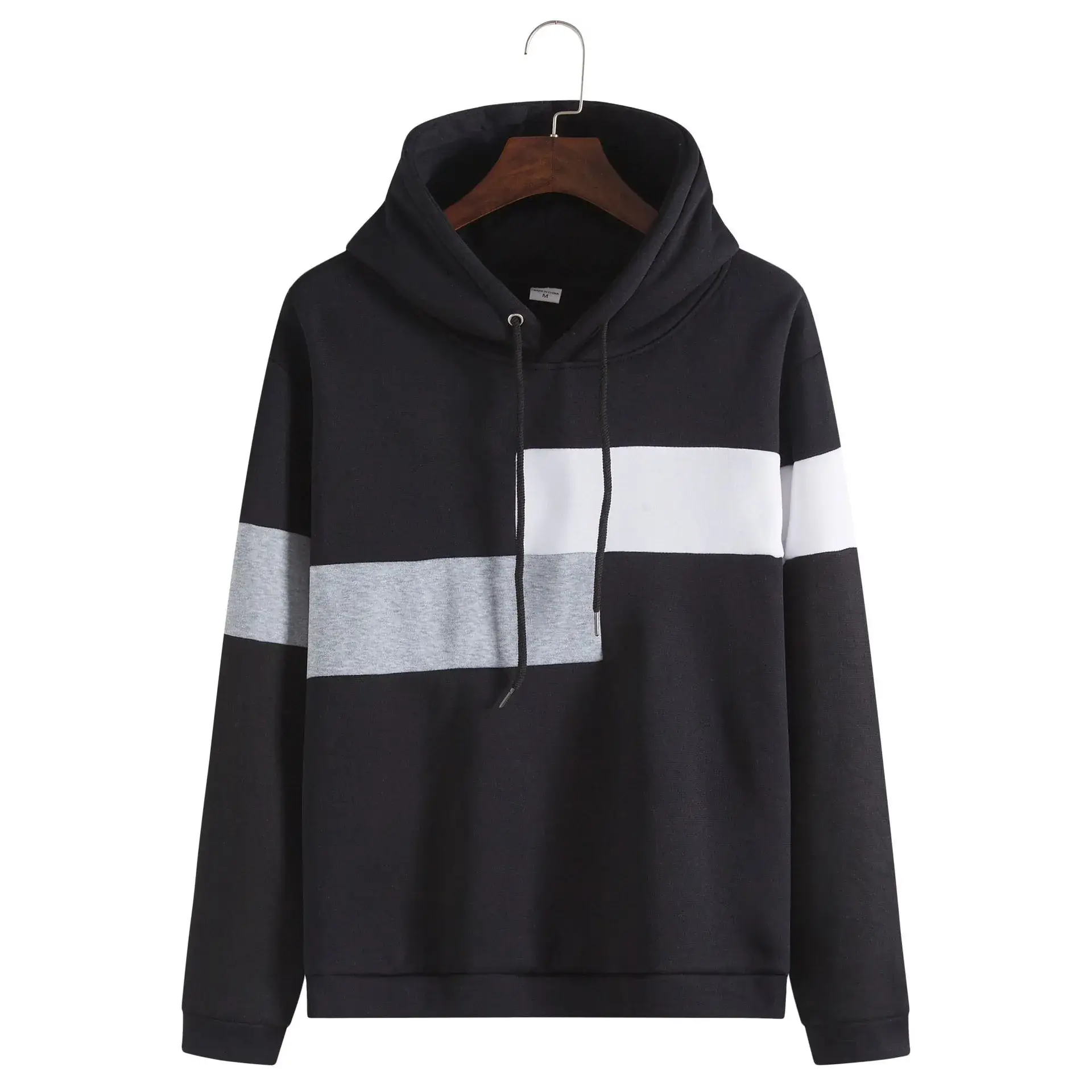 Men's Black White Stripe Hooded Pullover Sweater - Image 2