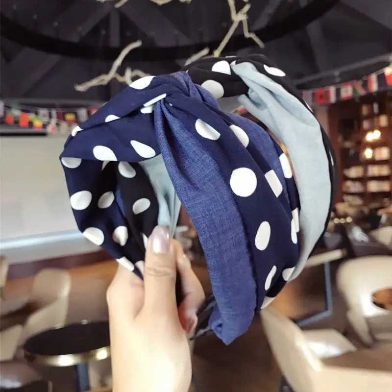 Women Korean Style Polka Dot Headband with Knotted Band