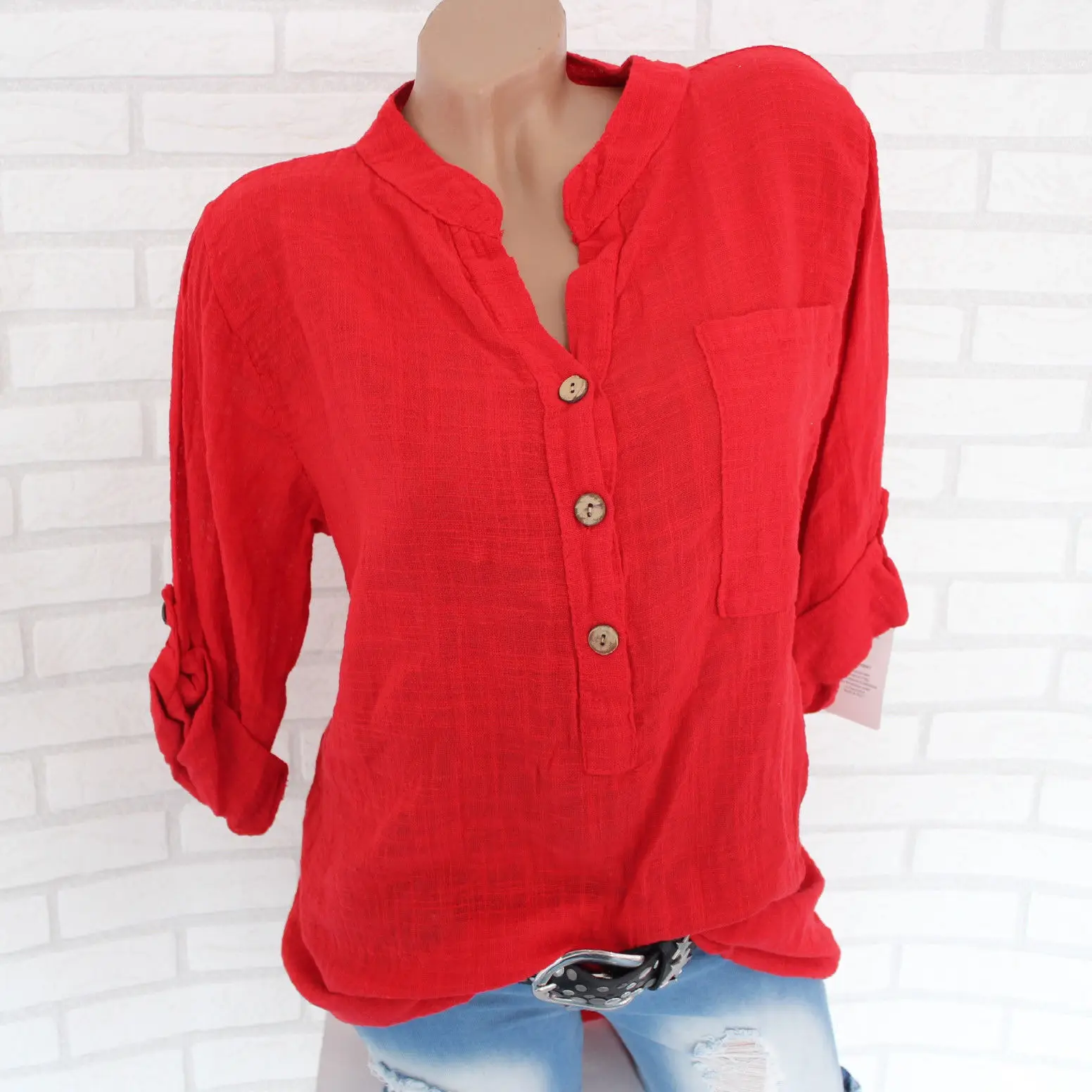 Red Long Sleeve Button Front T-Shirt for Women