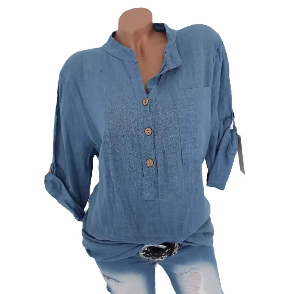 Red Long Sleeve Button Front T-Shirt for Women