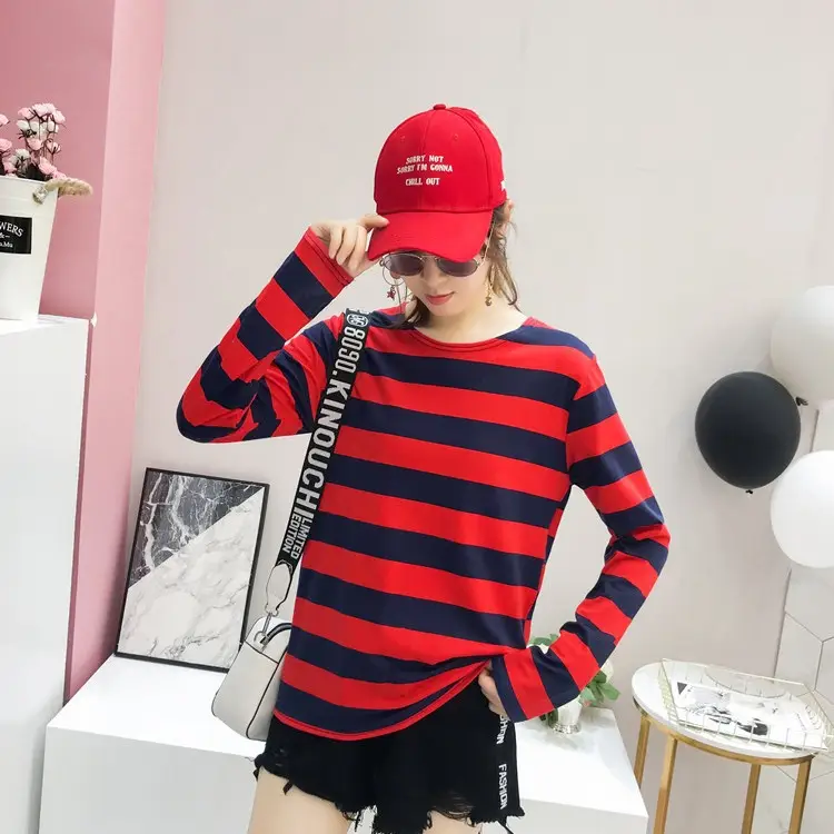 Women Striped Long Sleeve T-Shirt Red Black Casual Wear - Image 5