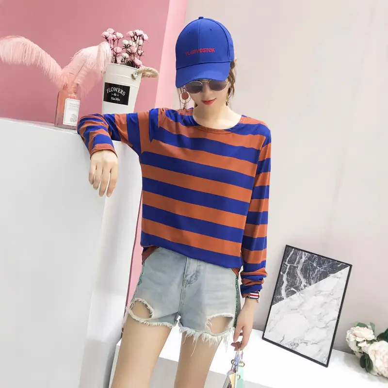 Women Striped Long Sleeve T-Shirt Red Black Casual Wear - Image 6
