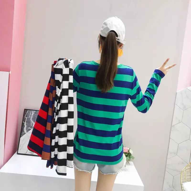 Women Striped Long Sleeve T-Shirt Red Black Casual Wear - Image 7