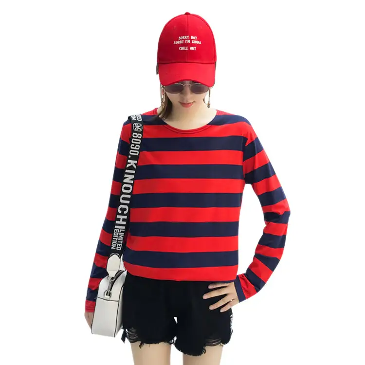 Women Striped Long Sleeve T-Shirt Red Black Casual Wear - Image 8