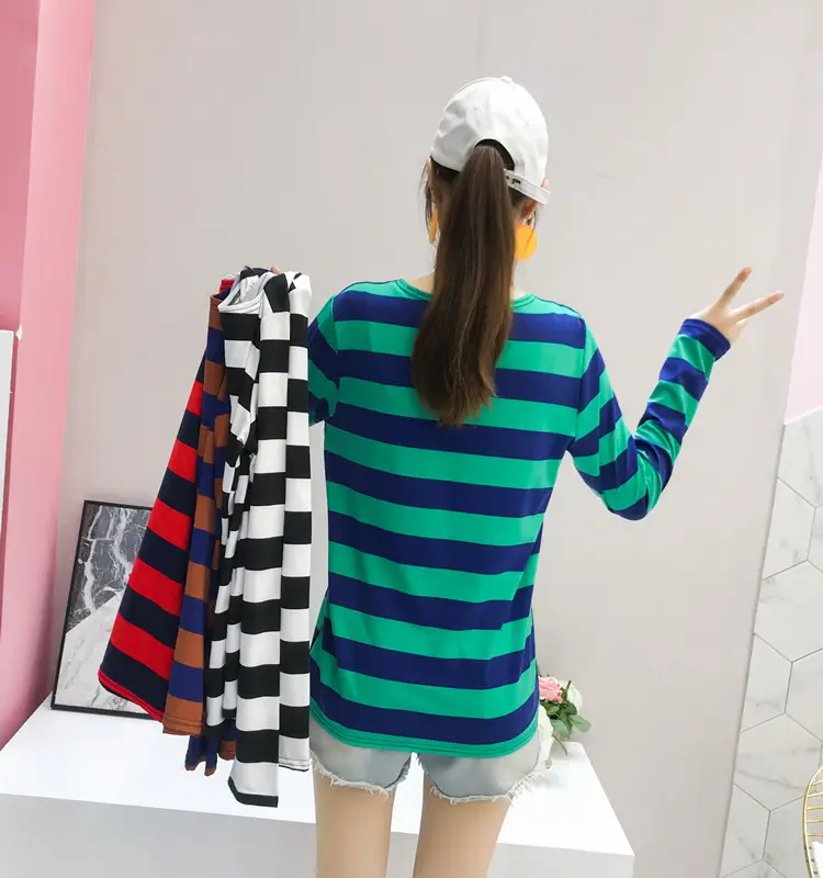 Women Striped Long Sleeve T-Shirt Red Black Casual Wear — feature 11