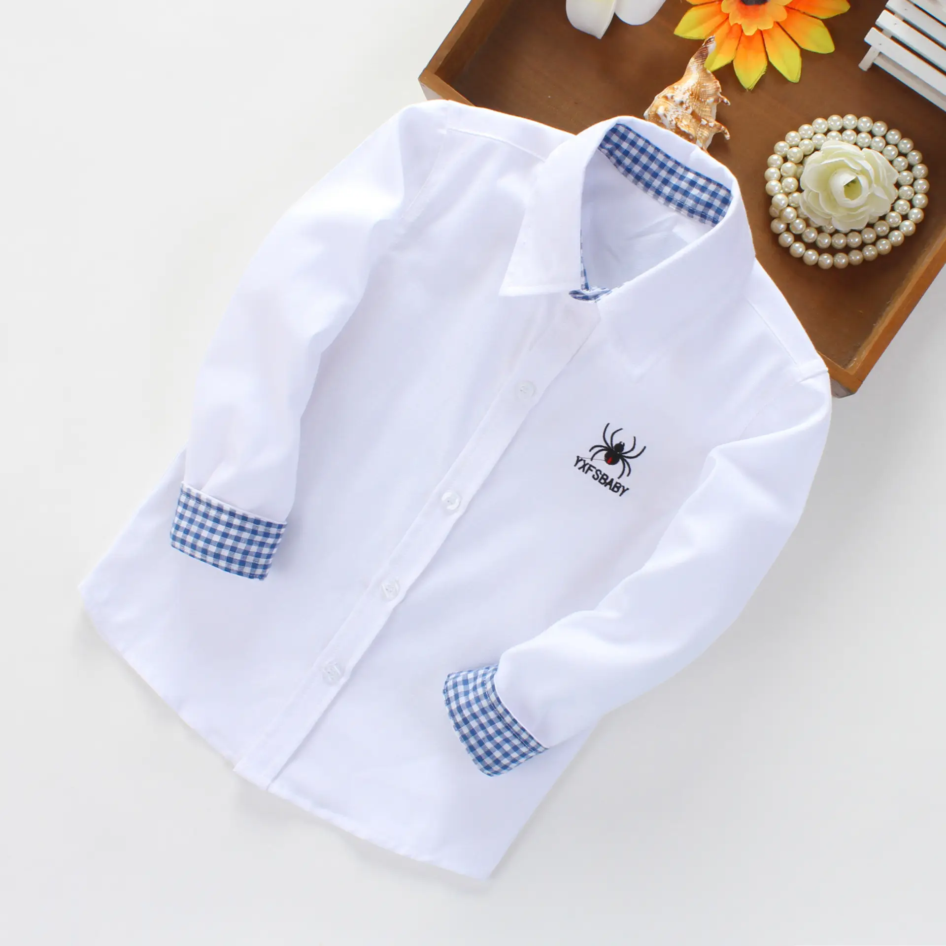 2025 Boys Long Sleeve White Checkered Shirt - Image 3
