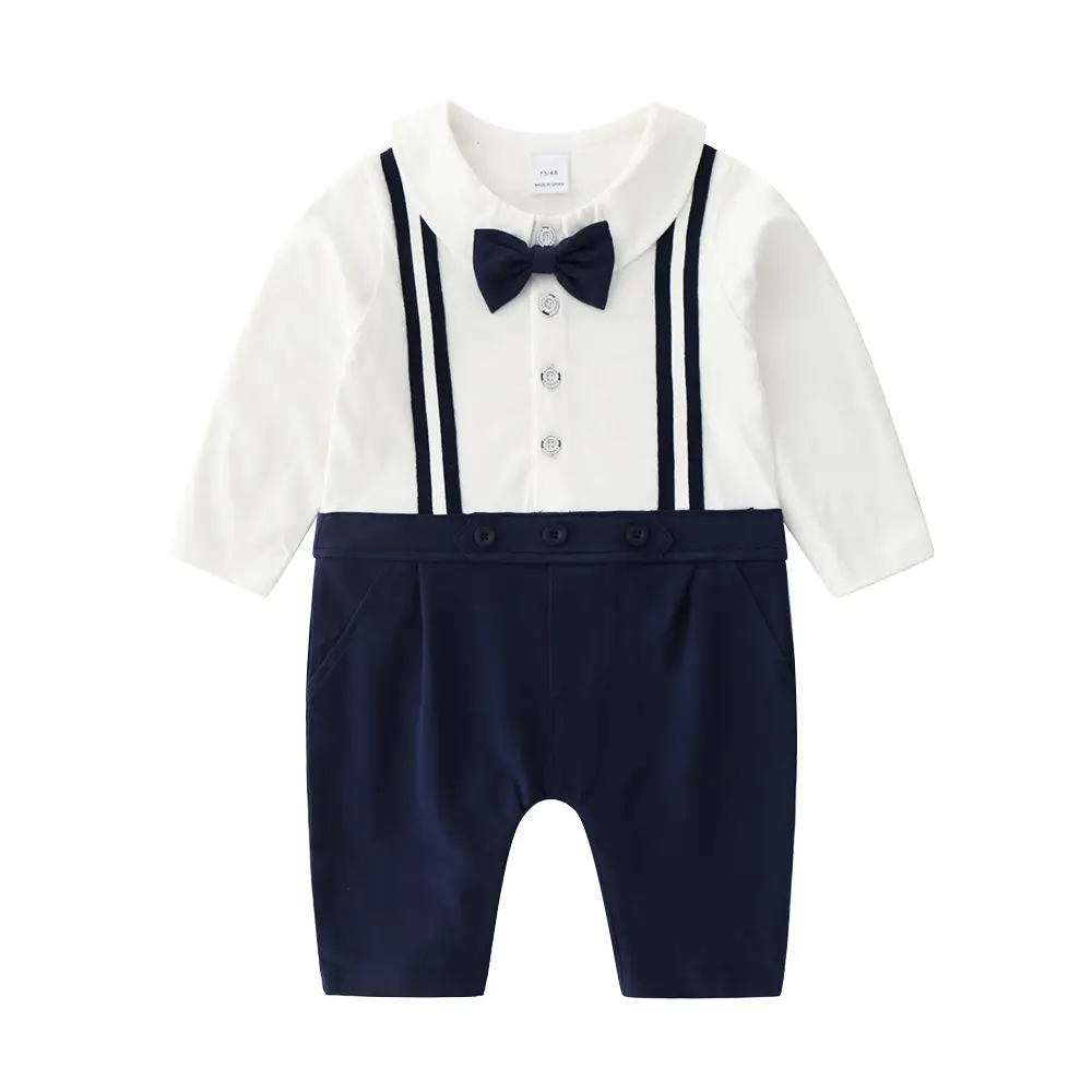 Baby Boys Bow Tie Overalls Set White Navy - Image 4