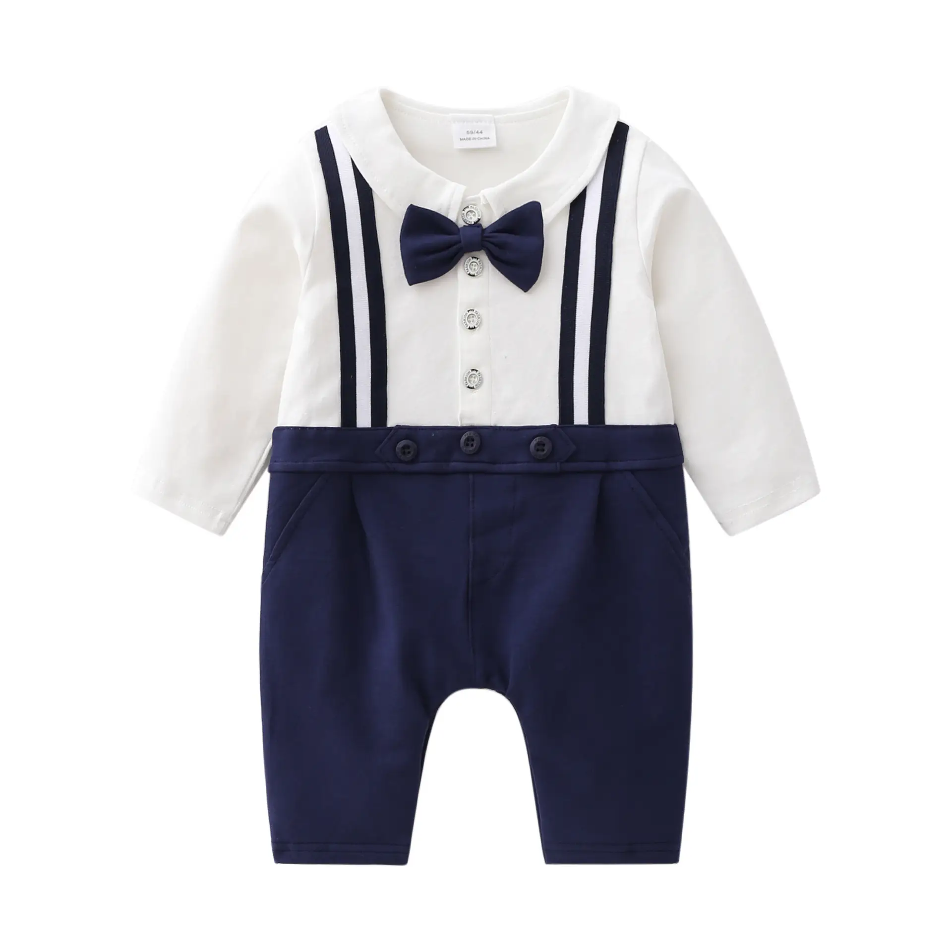 Baby Boys Bow Tie Overalls Set White Navy - Image 2