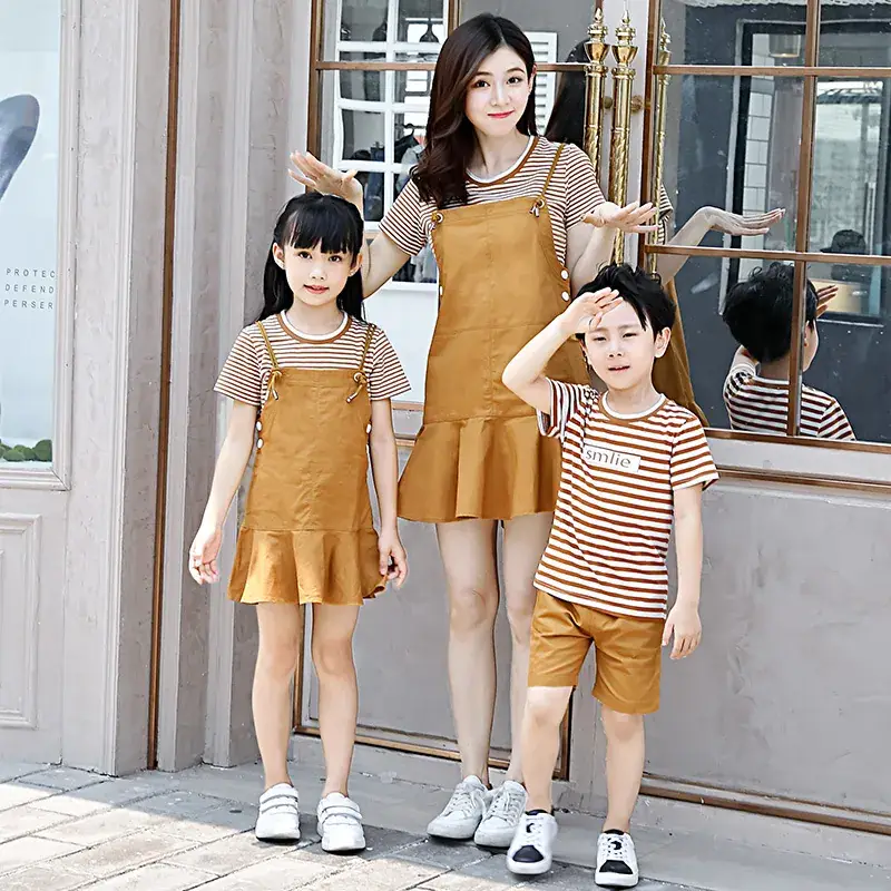 Parent-Child Summer T-Shirt Set Brown Striped 2023 - Image 3