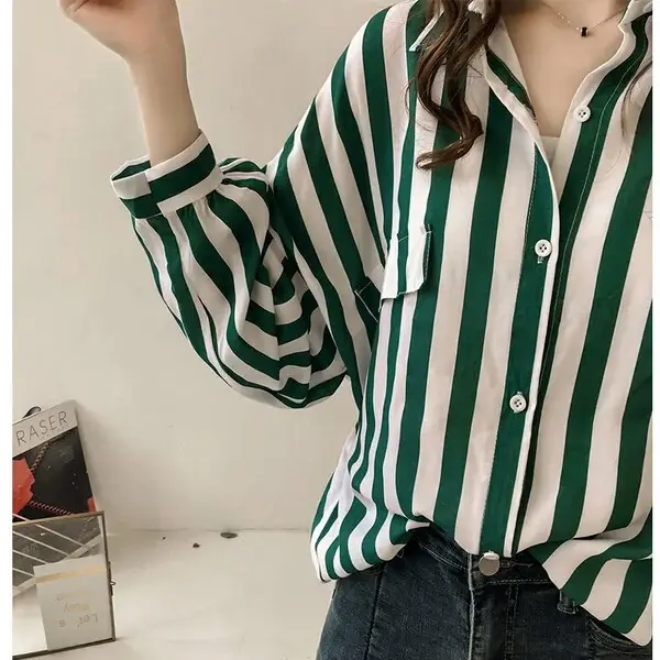 Green Striped Long Sleeve Women's Shirt Large - Image 3