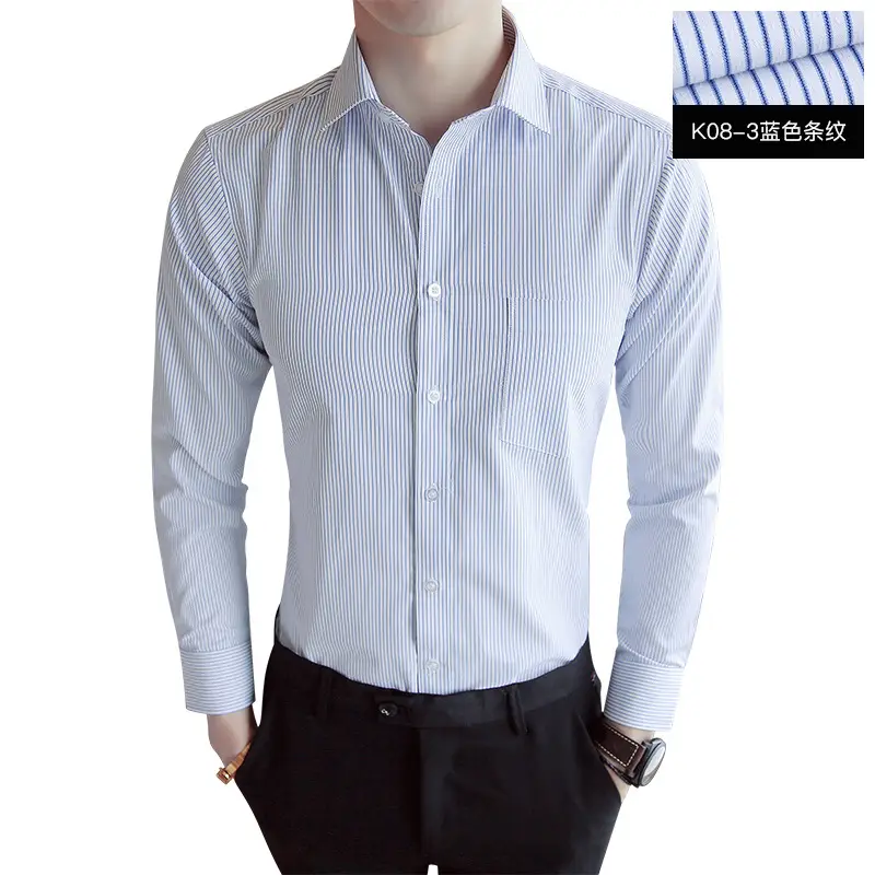 Men's Blue Striped Slim Fit Business Shirt with Embroidered Logo - Image 17