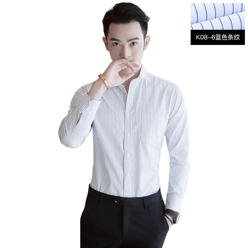 Men's Blue Striped Slim Fit Business Shirt with Embroidered Logo - Image 18