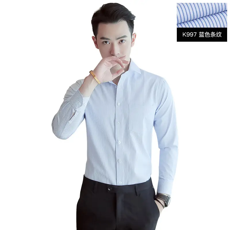 Men's Blue Striped Slim Fit Business Shirt with Embroidered Logo - Image 12
