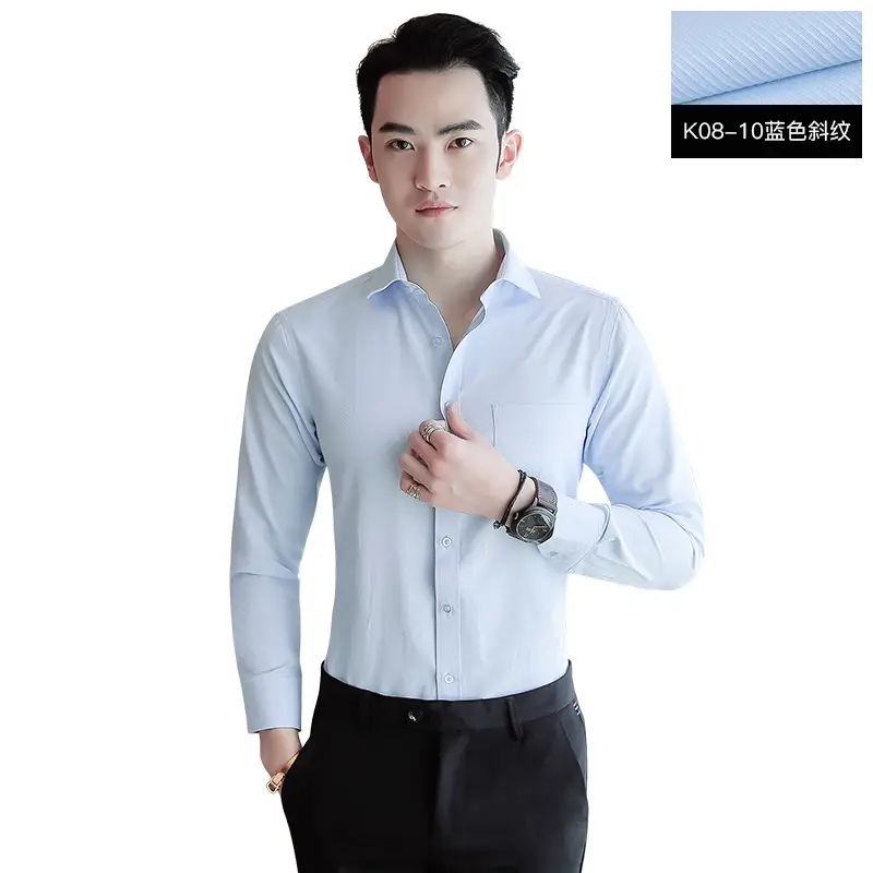 Men's Blue Striped Slim Fit Business Shirt with Embroidered Logo - Image 7