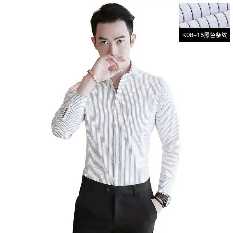 Men's Blue Striped Slim Fit Business Shirt with Embroidered Logo - Image 9