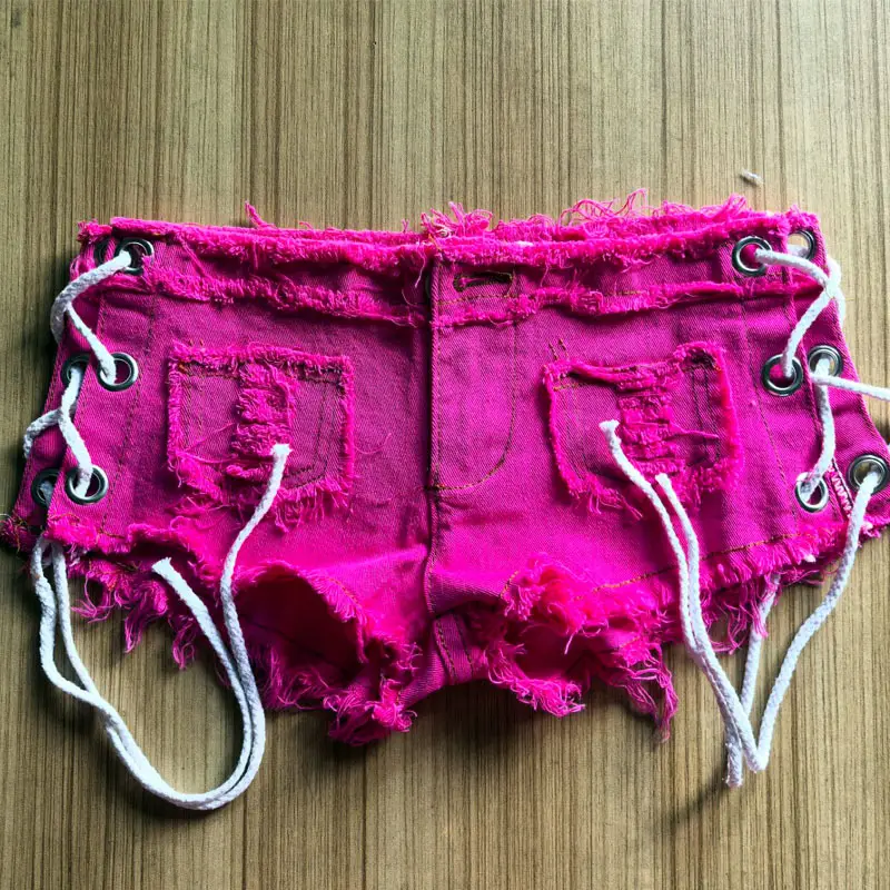 Red Lace-Up Denim Shorts Wash Out - Image 4