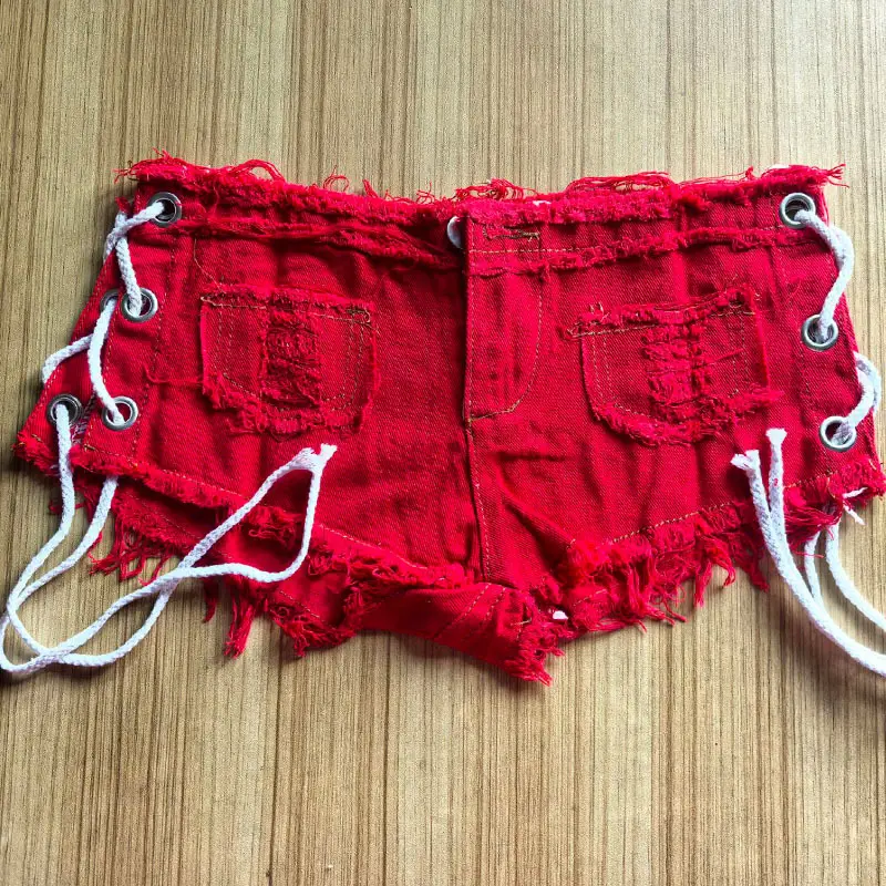 Red Lace-Up Denim Shorts Wash Out - Image 5