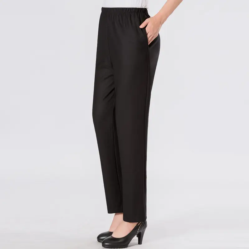 Black Elastic Waist Straight Pants for Women 2025