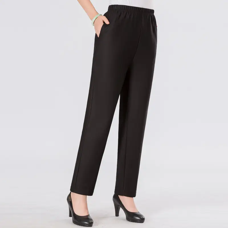 Black Elastic Waist Straight Pants for Women 2025