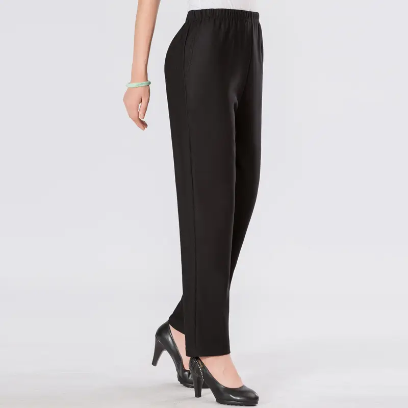 Black Elastic Waist Straight Pants for Women 2025