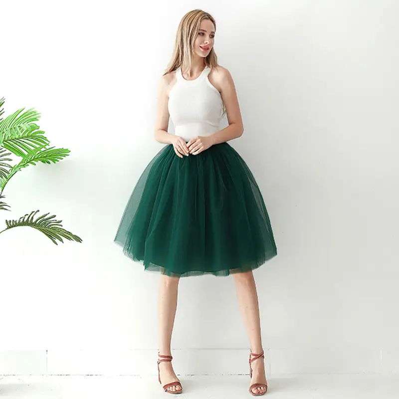 Women High Waist Tulle Skirts Green White Mesh - Image 16