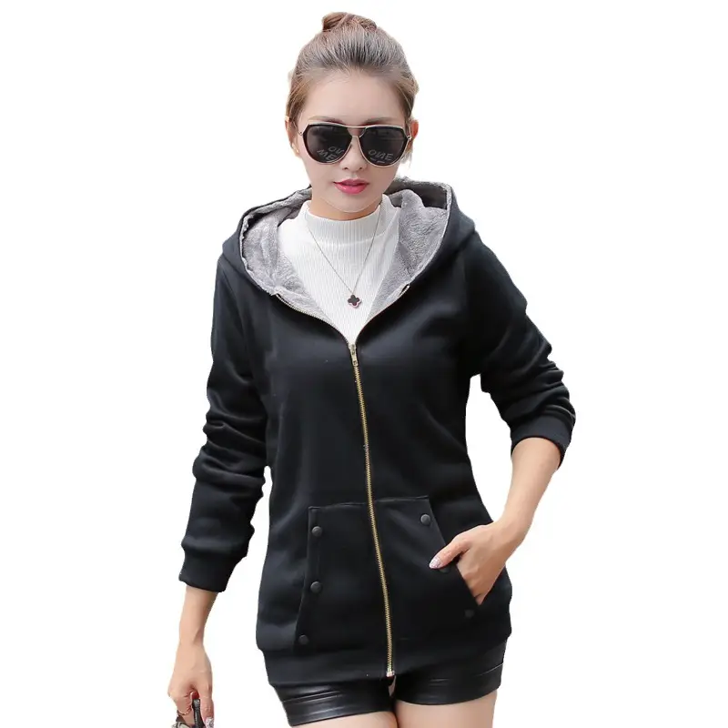 Women Velvet Hooded Sweatshirt Blue Mid Length Winter Coat - Image 10