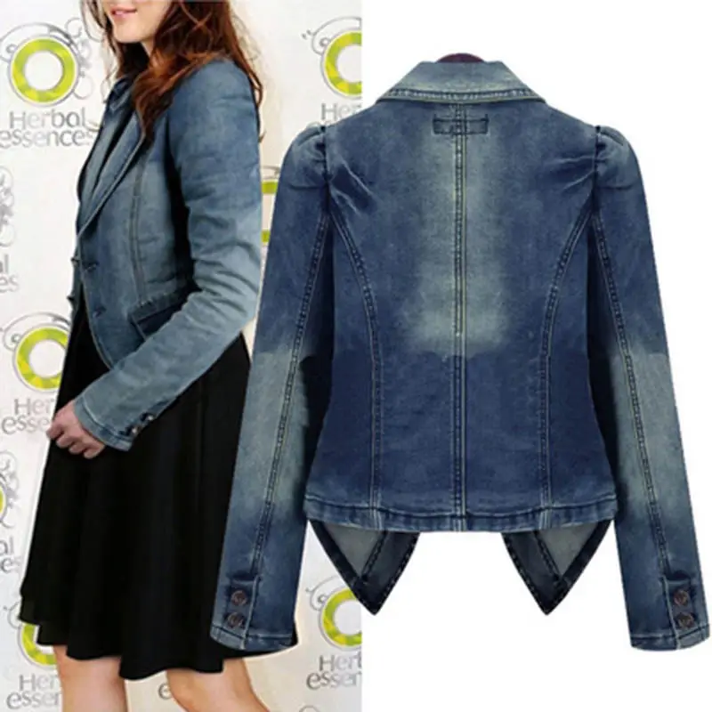 Women Denim Jacket Blue Slim Fit Long Sleeve Collar Coat - Image 2